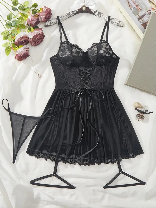Pink Cute G-strings Lingerie Set Erotic Night Dress Sexi Lenceria Suspenders Ultra-thin Underwear Women Hot Semi-Sheer Nightgown — image 8