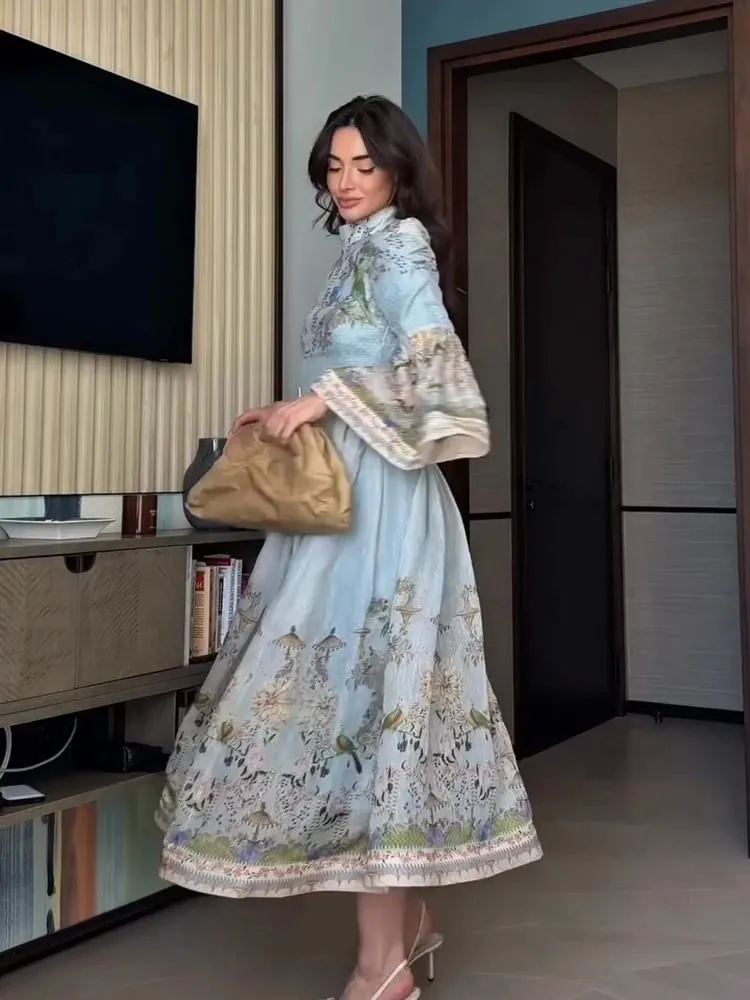 Elegant Floral Printed Women's Dress Stand Collar Full Puff Sleeve A-line Long Dresses 2026 Summer Vacation Party Lady Robes
