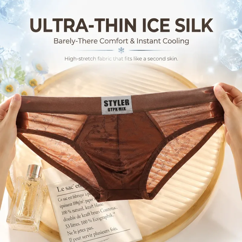 1/3PCS Sexy Perspective Men's Briefs Luxury Jacquard Smooth Ice Silk Mens Intimate Underwear Breathable 3D Mesh Pouch Lingerie — image 8