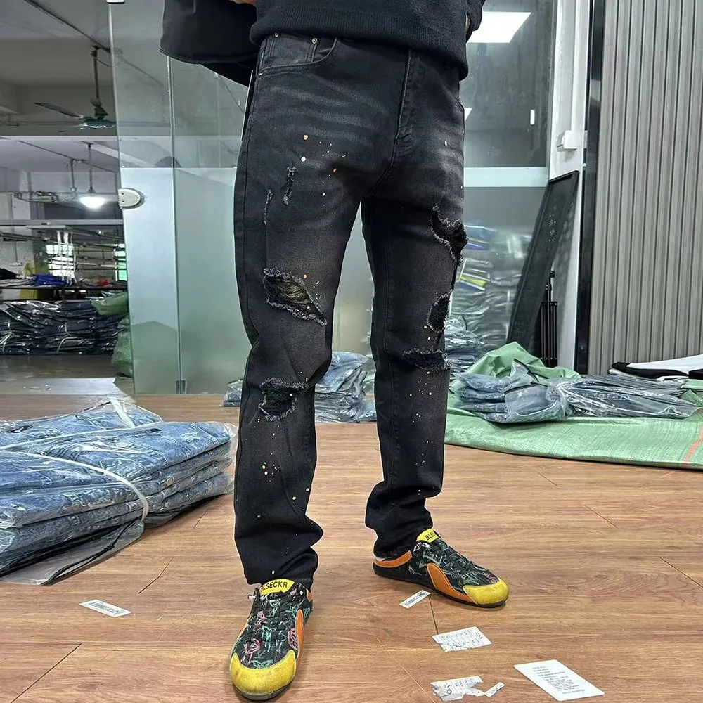 Men Holes Ripped Denim Jeans Streetwear Slim Tapered Stretch Pants Painted Black Trousers — image 5
