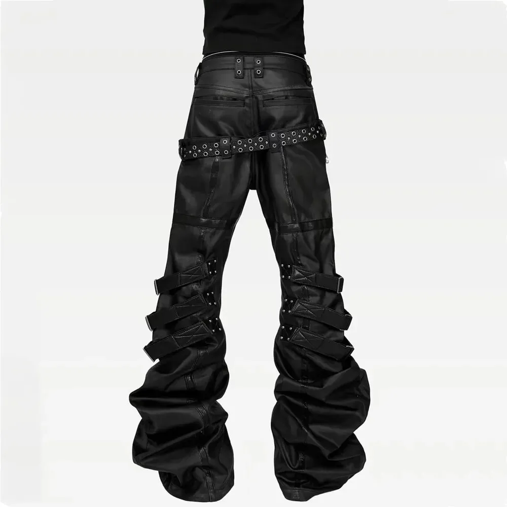 Men Women Wax Coated Skinny Stacked Jeans Double Waist Strap Buckle Patchwork Leather Gothic Punk Flared Curved Denim Pants — image 3