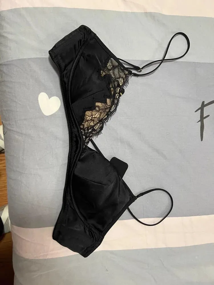 Bra Renda Gaya Perancis Bralette Payudara Kecil Tanpa Kawat Cangkir Segitiga Tali Tipis Set Lingerie Push Up Seksi Pakaian Dalam Wanita — image 2