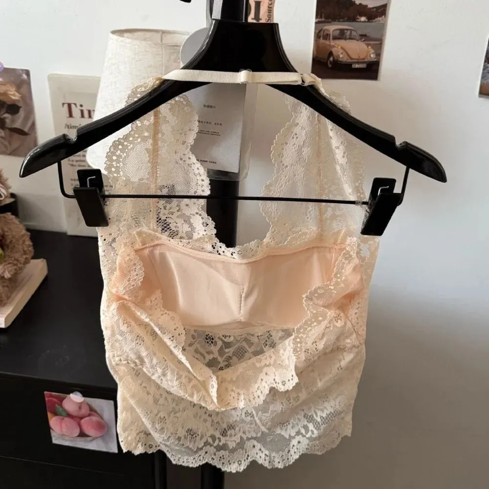 Chest Cushion Top Mesh Flower Lace Camisole Sleeveless Transparent Lace Crop Tops Bottoming Shirt Halter Neck Camisole Ladies — image 5