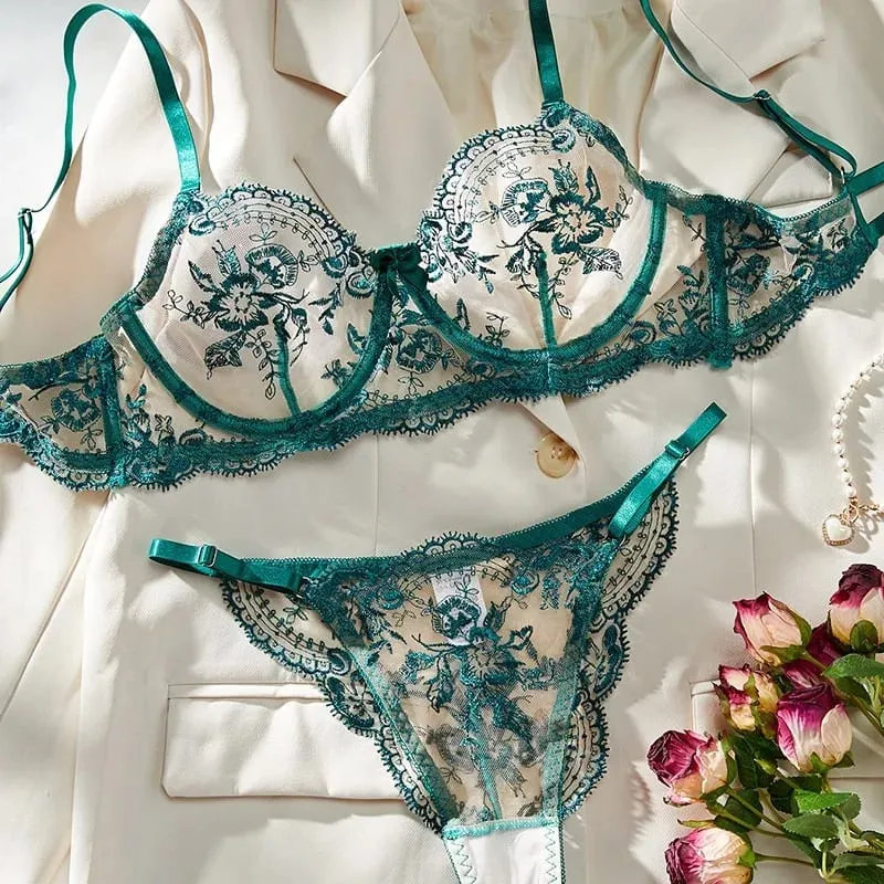 Conjunto Lencería Bordado Floral Transparente Aro Rejilla Copa Fina Sujetador Push Up Estilo Puro Deseo Ropa Interior Mujer S-XL — image 3