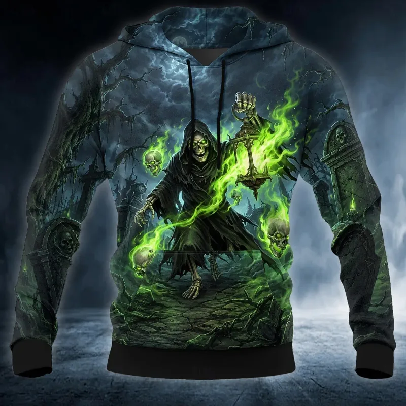Men's Halloween Grim Reaper 3D Printed Hoodie, Skull Raven Gothic Graphic Sweatshirt, Long Sleeve Streetwear Men Clothing