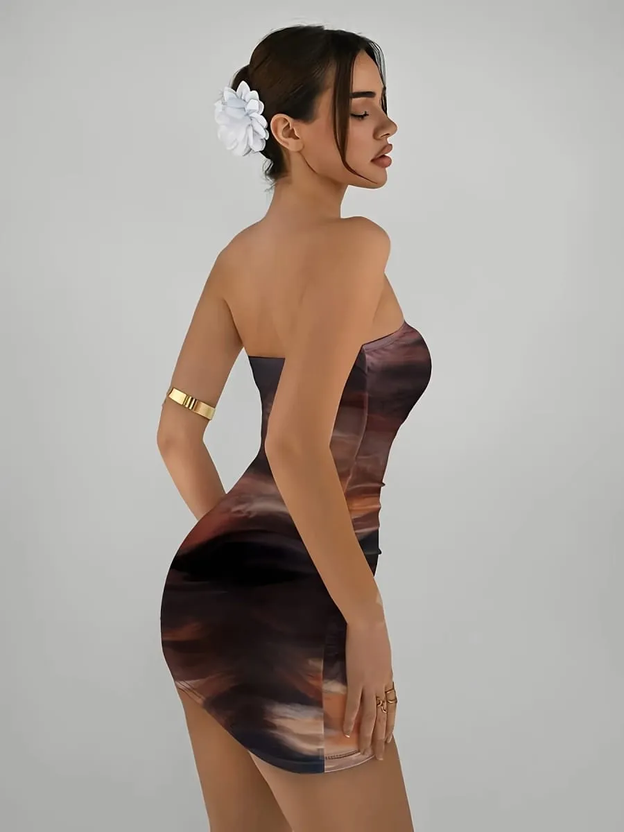 Elegant Women's Knitted Gradient Print Mini Dress Spring Summer New Style Party Holiday Sexy Strapless Slim Fit Gown — image 3