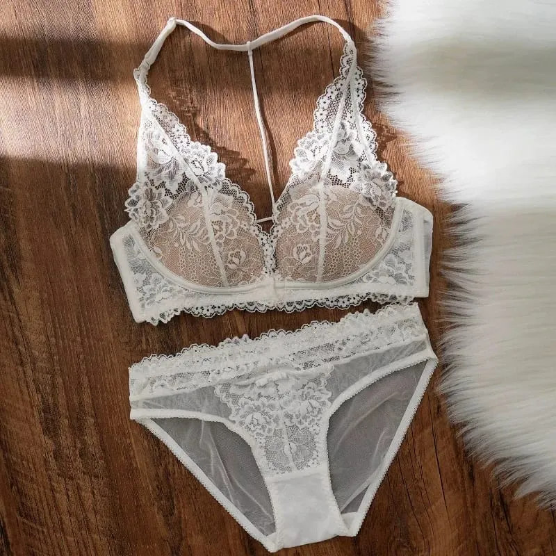 French Vintage Lace Halter Bra Set Wireless Thin Cup Small Breast Push Up Anti Sag Lifting Soft Pure Desire Ladies Intimate Bras