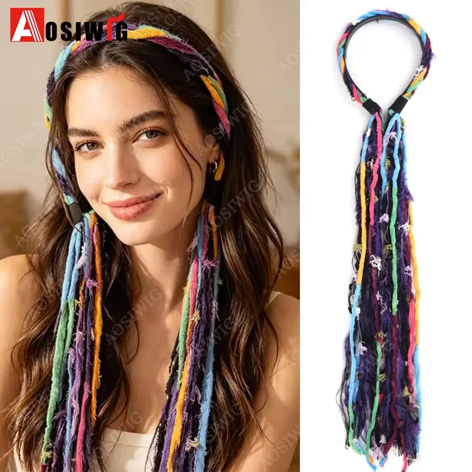Synthetic Boho Braided Hair Extensions for Women Clip In Festival Hairpiece with Beads Feathers Hippie Hair Accessories