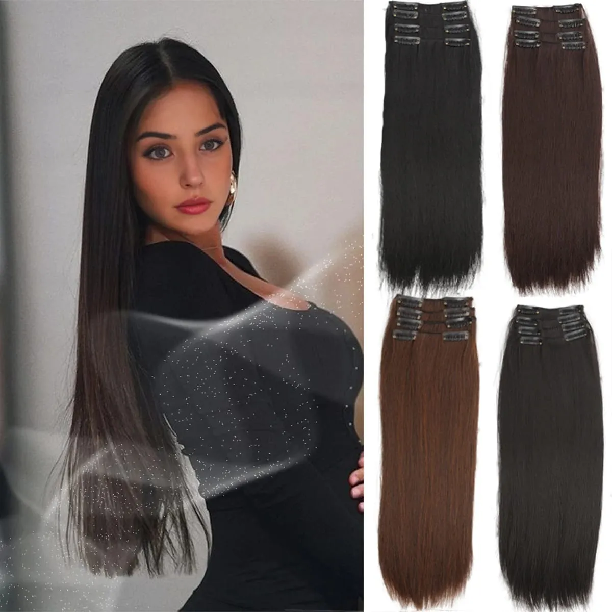 4PCS synthetic hair extension piece long straight hair wig clip heat-resistant wig piece extension on a woman's hair — image 1