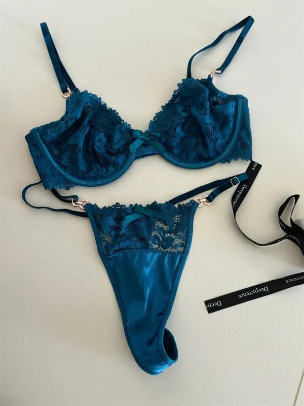 Charming niche satin treasure blue lingerie lace sexy thin steel ring top support natipon bra set women underwear