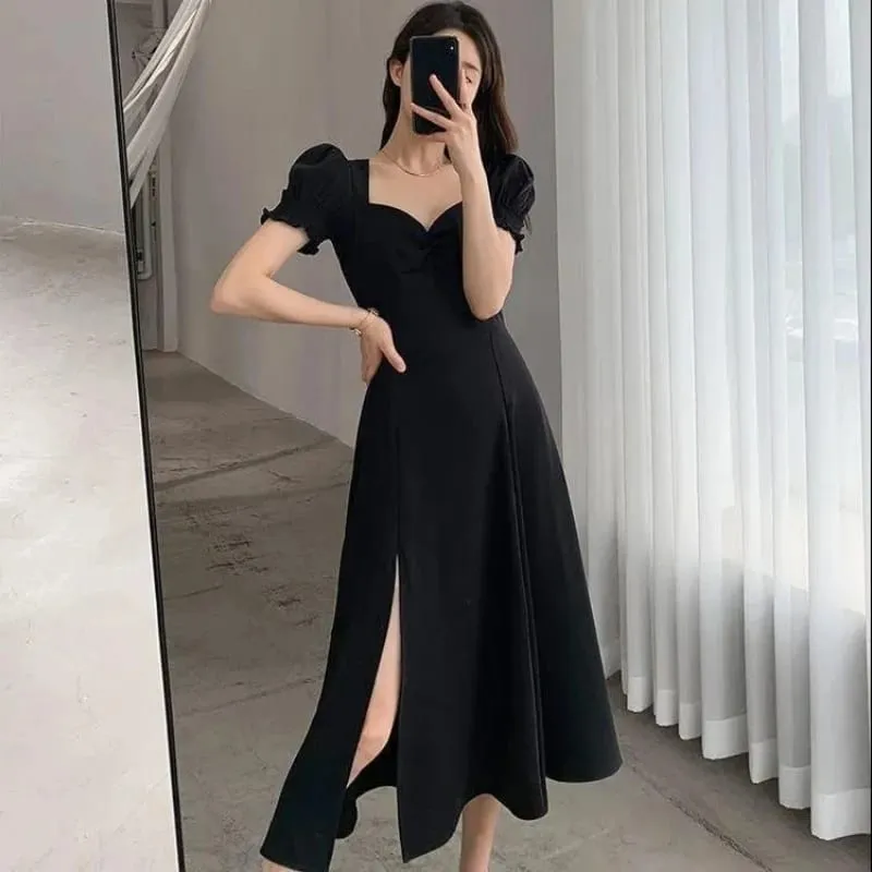 Sólido puff manga curta elegante vestido de fenda nova moda feminina com decote em v vestidos completos senhoras cintura alta magro vestidos de festa de noite — image 2
