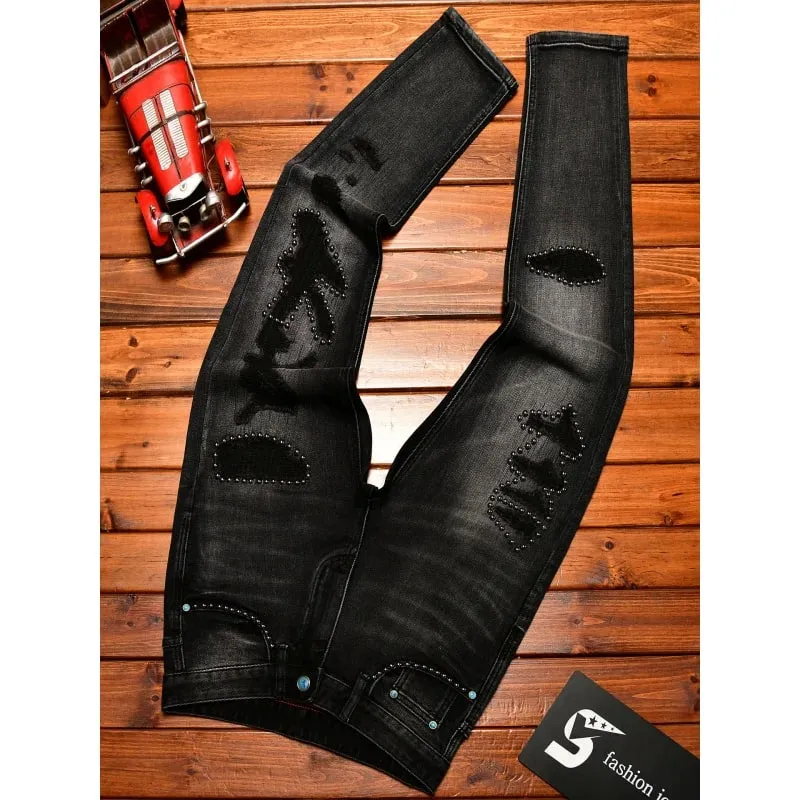 Metal Decor Design Black Jeans Men Trendy Ripped Fashion Retro Nostalgic Street Slim Fit Skinny Pants — image 4