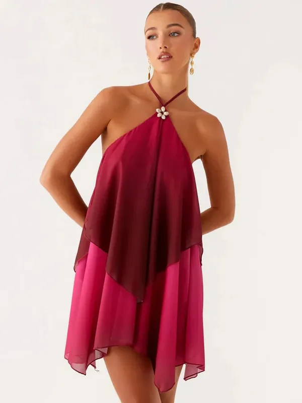 Mozision gradiente halter sem costas sexy mini vestido feminino elegante malha zíper fora do ombro sem mangas vestidos de festa do clube — image 7