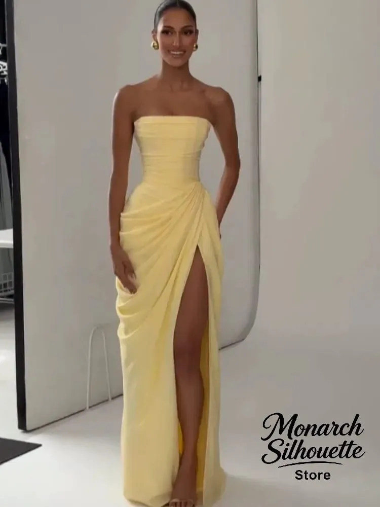 Elegante amarelo sem alças plissado vestido longo feminino chique sólido sem mangas cintura cinching split vestido 2026 senhora festa de noite robes — image 4