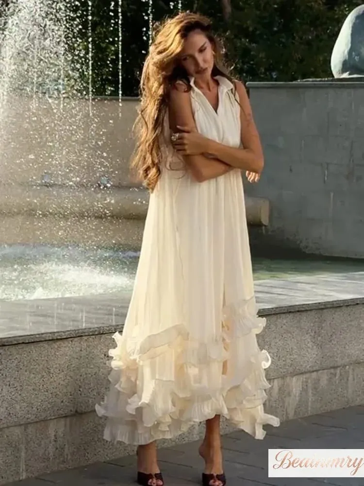 Sólido multi-camada babados maxi vestido feminino elegante sem mangas fora do ombro vestidos de cintura alta 2026 férias roupas femininas — image 2