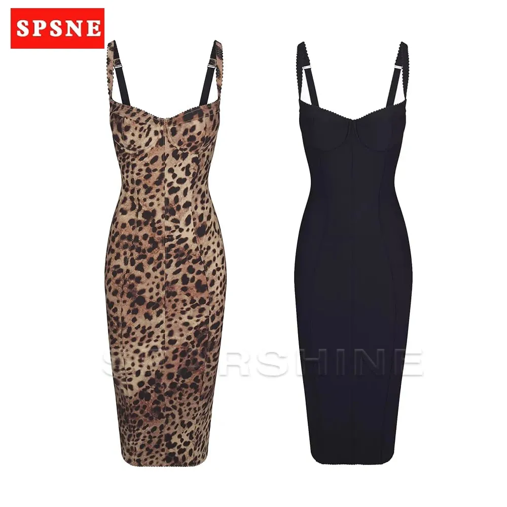 Vestido feminino sexy com estampa de leopardo, sem mangas, justo, bodycon, meia panturrilha, roupa de balada, vestidos de festa à noite — image 2