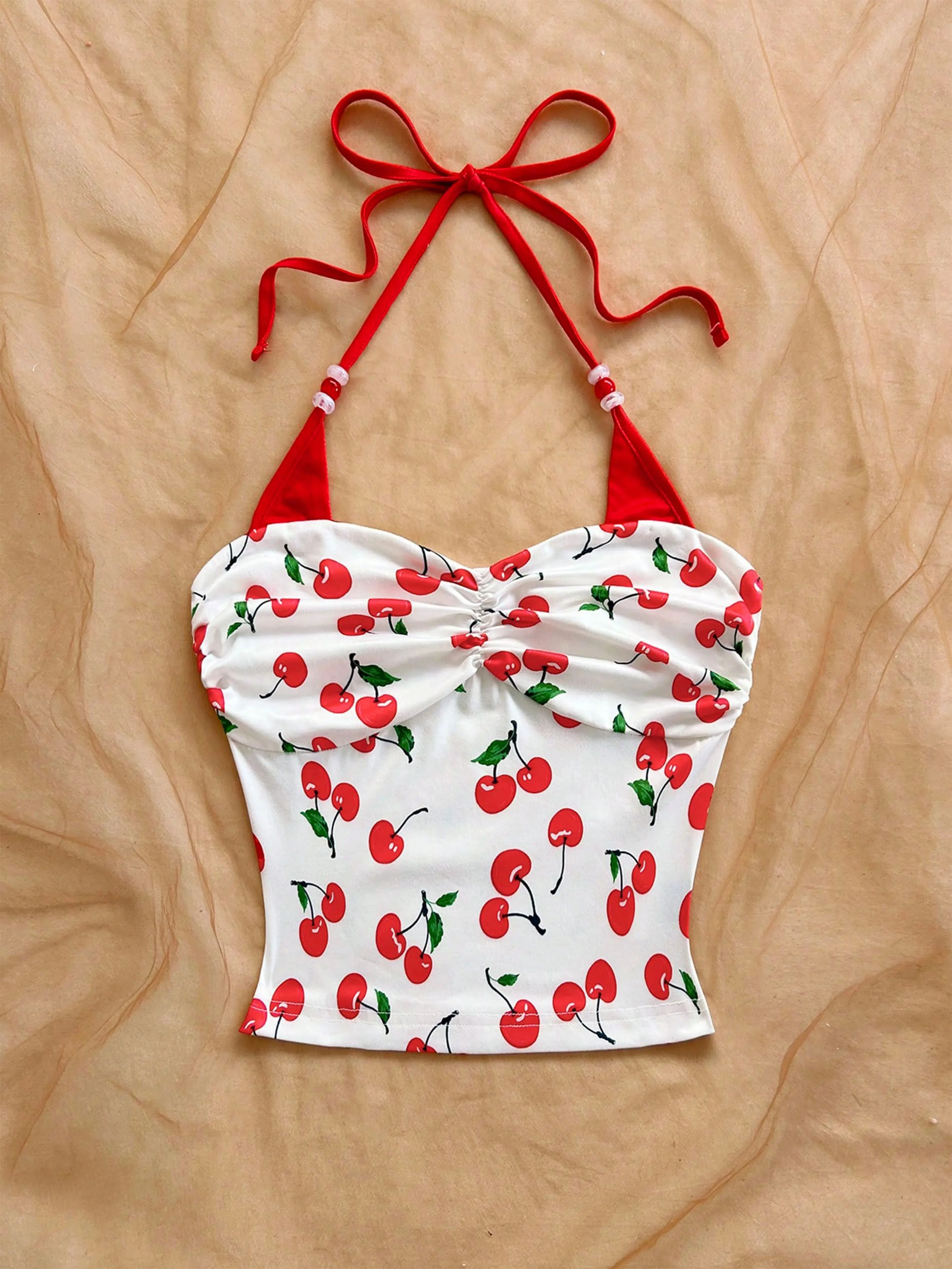 Women's Cherry Printed Color-blocking Beaded Halter Top Summer Beach Vacation Beach Party Summer Party — image 4