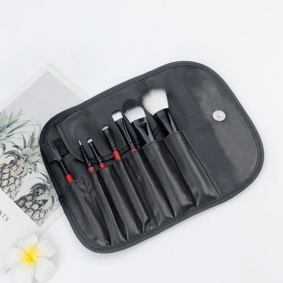 7 Pcs Wine‑red Handle Makeup Brush Set With PU Leather Storage Bag Soft Bristle Powder Blush Eyeshadow Cosmetic Brushes Kit — image 3