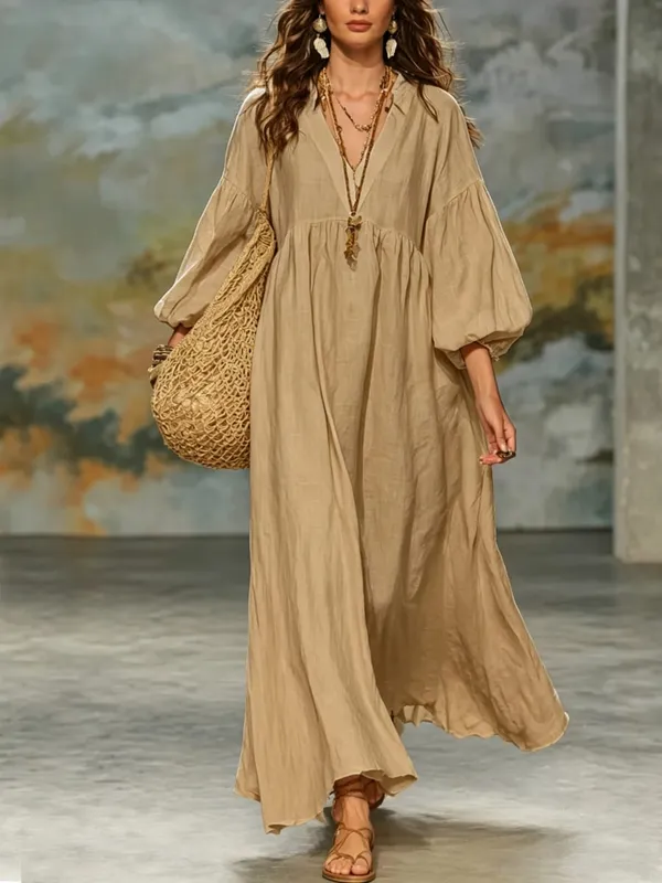 Women Bohemian Linen Maxi Dress V Neck Puff 3/4 Sleeve Loose Flowy Long Dress Casual Beach Vacation Sundress — image 8