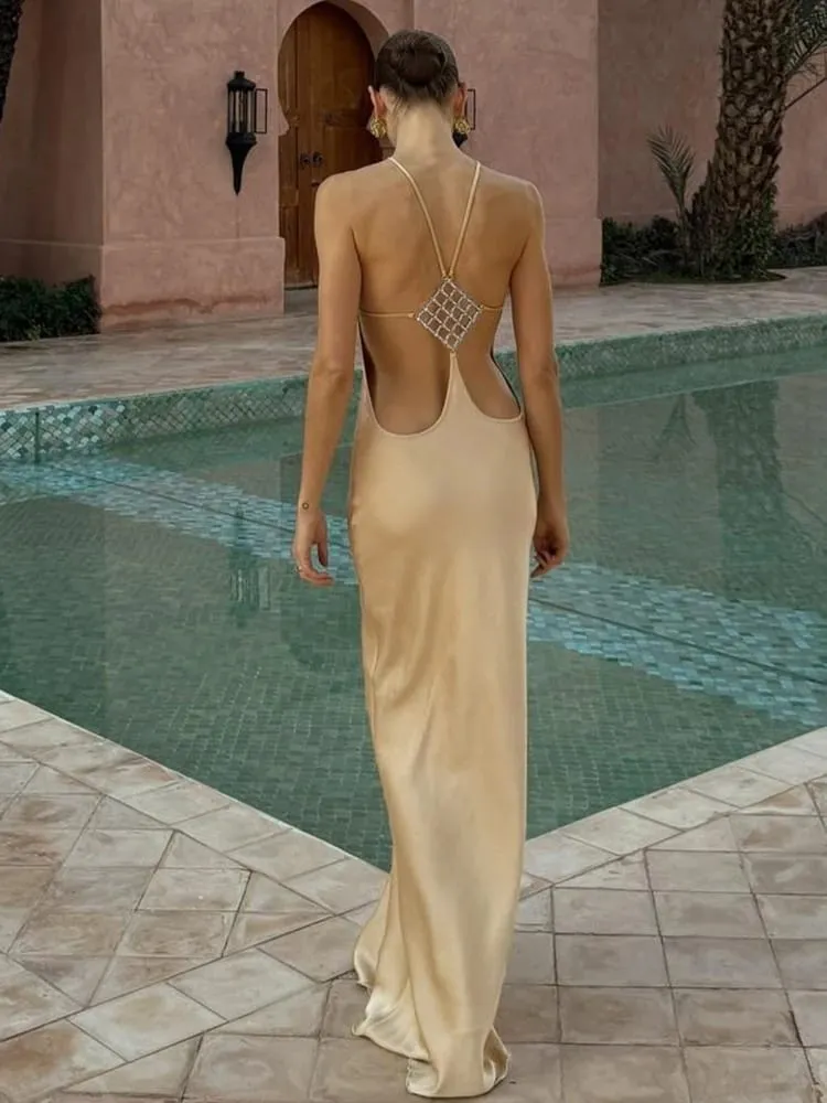 Nibber sem mangas halter vestido de cetim feminino fivela de metal elegante retalhos moda clássico festa à noite sem costas longo bodycon — image 2