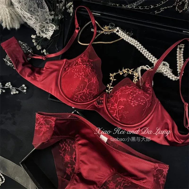 Women French Satin Lace Lingerie Set Push Up Anti Sagging Bra Full Coverage Brassiere Soft Comfort Underwear Daily Use 32‑38AB — image 9
