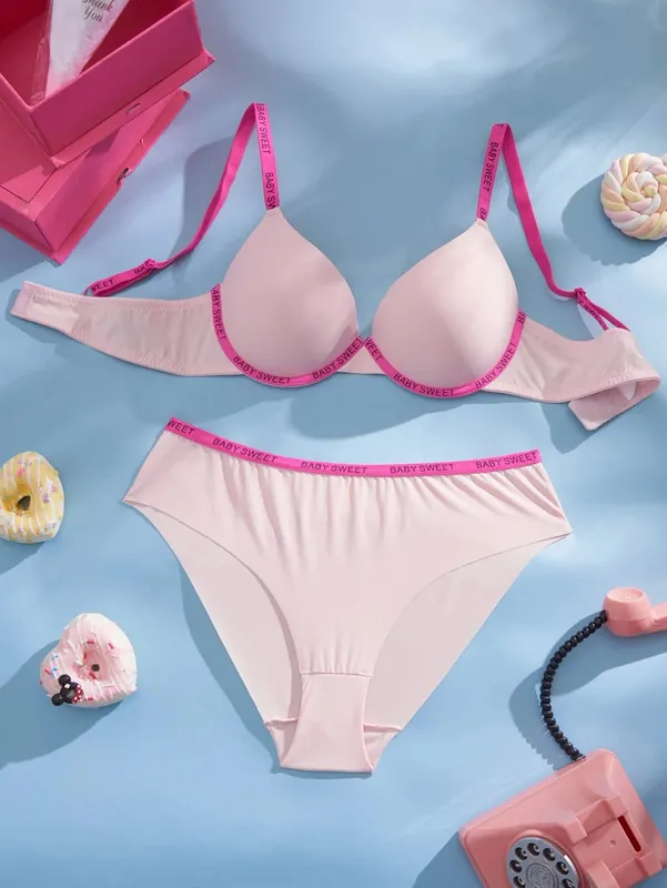 Solid Seamless Women's Underwear Set Letter Trim Push Up Bra Comfortable Underwire Support Casual Daily Lingerie Set