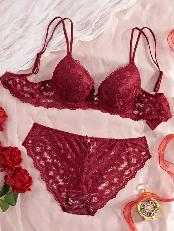 Women's Sexy Lingerie Set Lace Patchwork Solid Color Bowknot Rhinestone Embellished Push-Up Double Shoulder Strap Unlined Comfortable Underwear Lace Semi-Transparent Breathable Panties — image 10