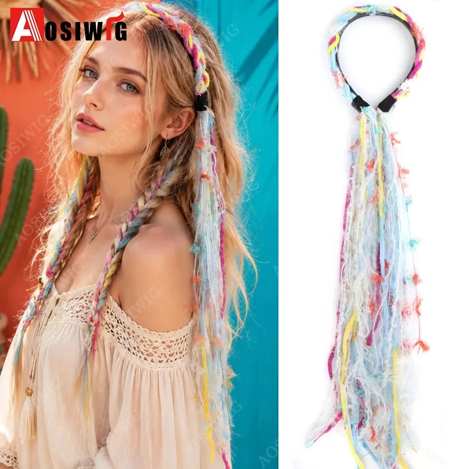Synthetic Boho Braided Hair Extensions for Women Clip In Festival Hairpiece with Beads Feathers Hippie Hair Accessories