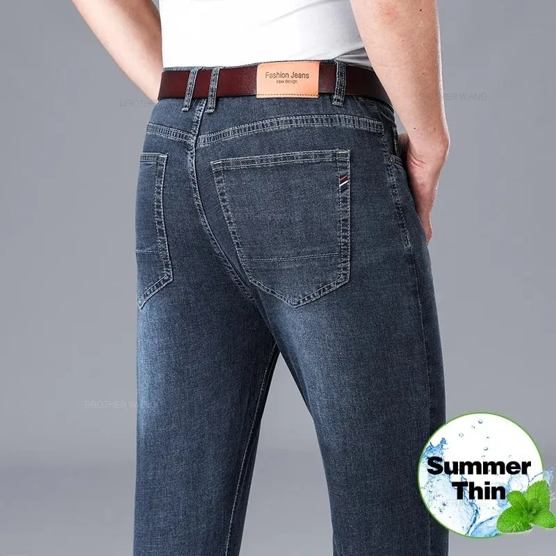 2026 Summer Brand Business Casual Men's Straight Denim Softener Lightweight Jeans Classic Embroidered Cotton Stretch Thin Pants — image 1
