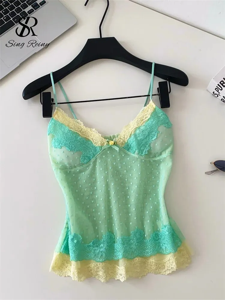 Polka Dot Mesh Lace Top French V Neck Shirred Stretchy Slim Backless Female Tank Top Summer Y2K Sensual Lazy Camisole — image 3