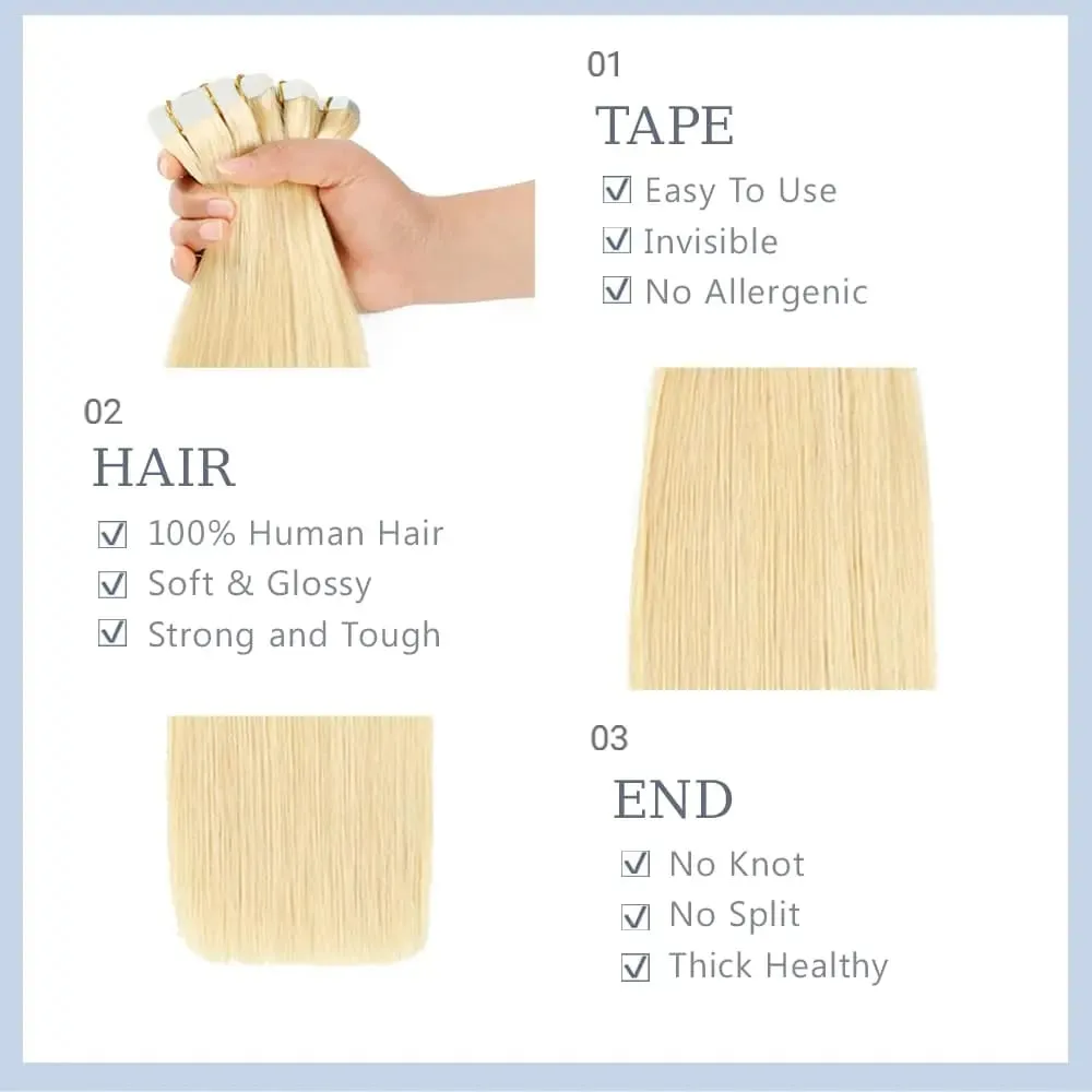 Blonde 613 Straight Tape In Human Hair Extensions 100% Human Hair Skin Weft Invisible Tape In Hair Extension 50g/20pcs For Woman — image 4