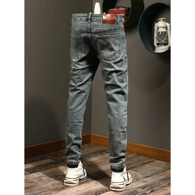 Classic minimalist retro blue jeans men's stretch slim fit 2025 autumn street fashion nostalgic small leg pants