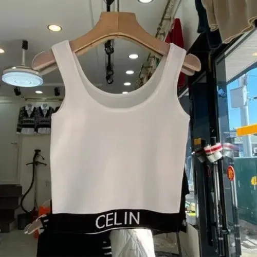 Spring and Summer New Korean-style Hem Letter Stripes Slimming Knitted Halter Top Versatile Slimming Solid Color Vest for Women — image 11