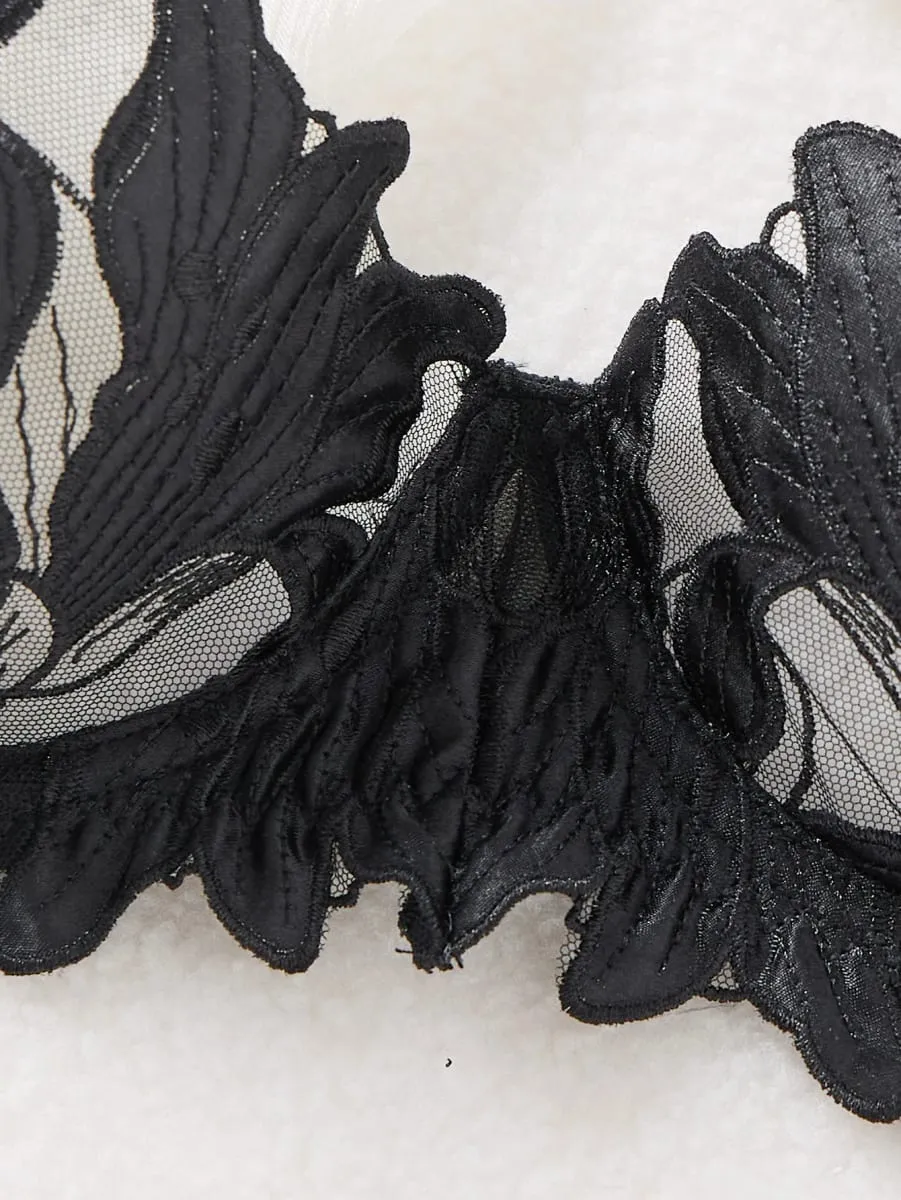 Sexy Black Floral Embroidery Lingerie Set Sheer Mesh Ruffle Sleeve Underwire Bra Panty Intimate Wear