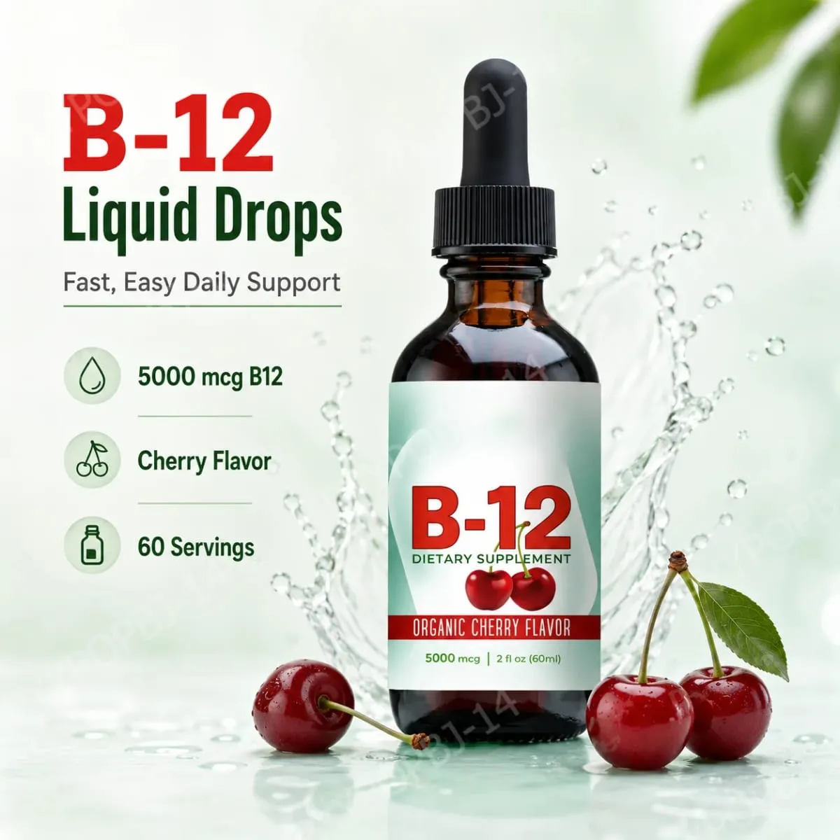 Vitamin B12 Methylcobalamin Liquid Drops 5000 Mcg Cherry Flavor 2 Fl Oz 60 Servings Vegan Sugar Free Daily Supplement