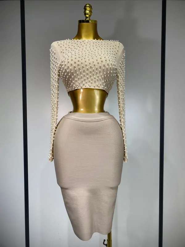 Kvinnor Sexig Långärmad Mesh Pearl Top Kändis Midi Kvinnor Bandage Set 2025 Designer Evening Party Lyx Födelsedag Tvådelad Set