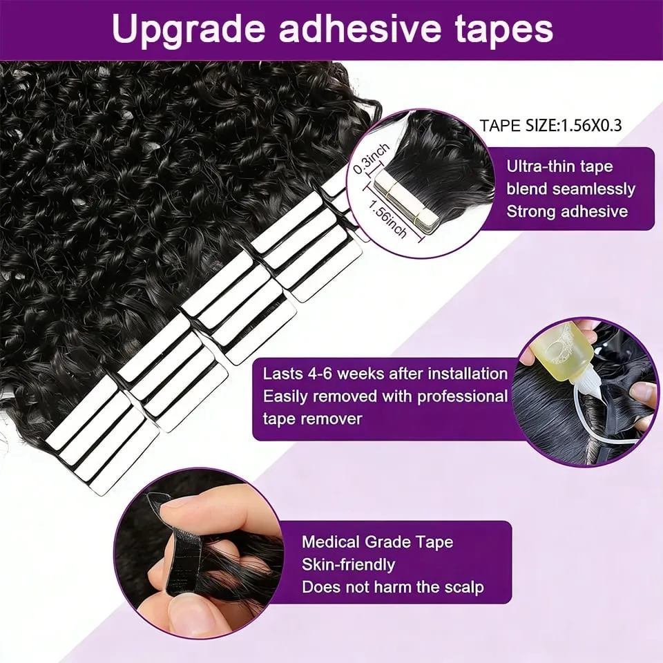 Curly Tape in Hair Extensions 100% Brazilian Human Hair Deep Wave Adhesive Tape in Extensions Human Hair Natural Black For Women — image 3