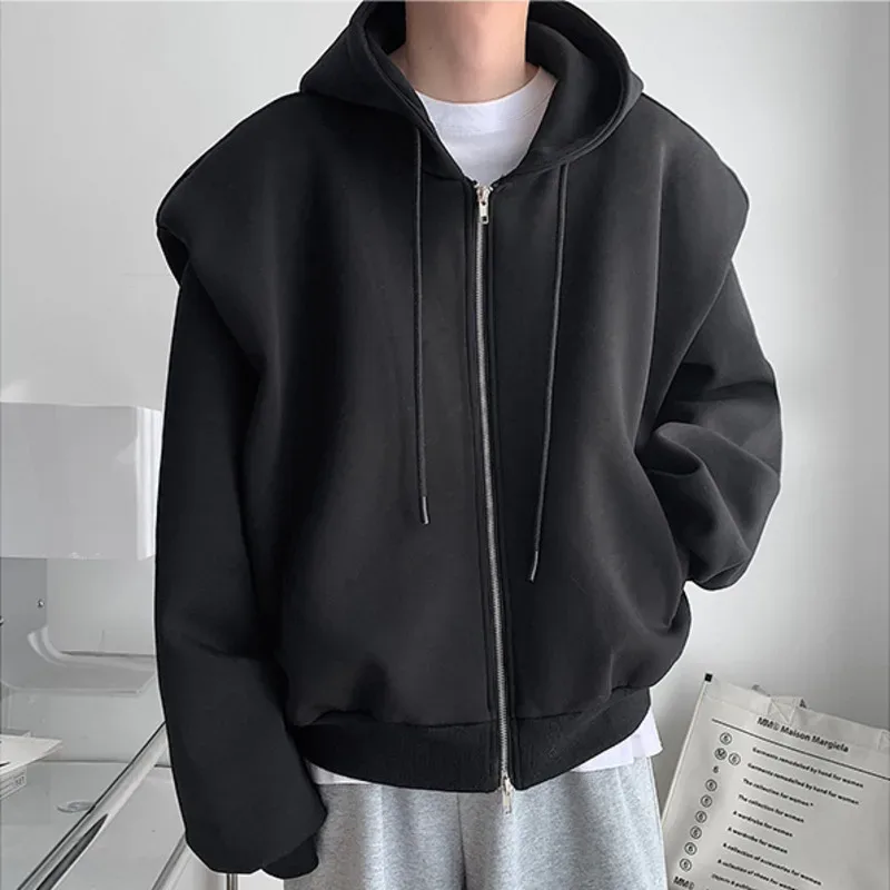 Autumn New Padded Shoulder Design Solid Streetwear Men Double Zip-up Hooded Sweatshirts Harajuku Casual Daily Hoodies — image 6