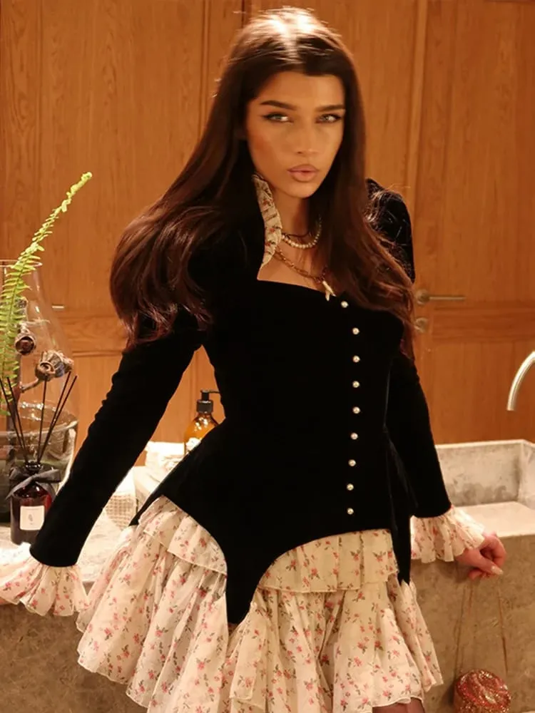 Club Floral Print Patchwork Women's Dress Sexy Long Flare Sleeve V-neck Female Mini Dresses 2026 Spring Summer Pearl Lady Robe — image 5