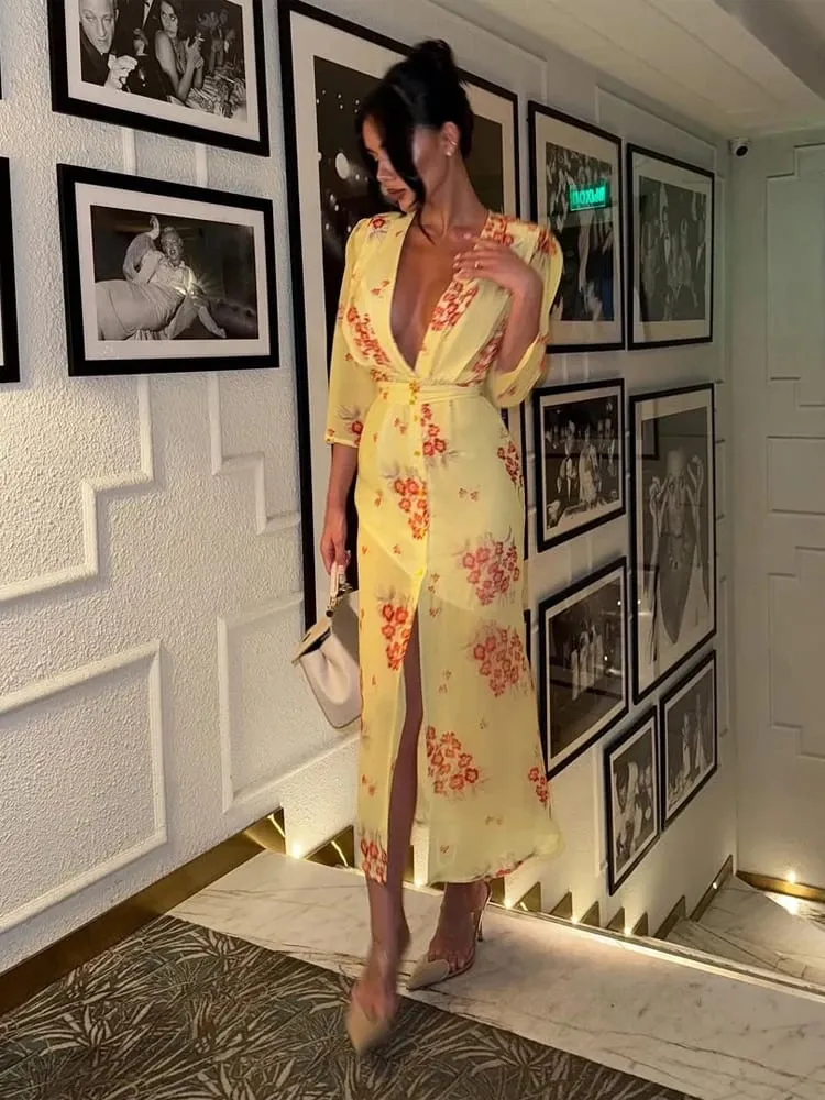 Chic Puff Sleeve Flora Printed Maxi Dress V-neck Waist Cinching Split Elegant Women's Dresses for Party 2026 Female Clothing New — image 7