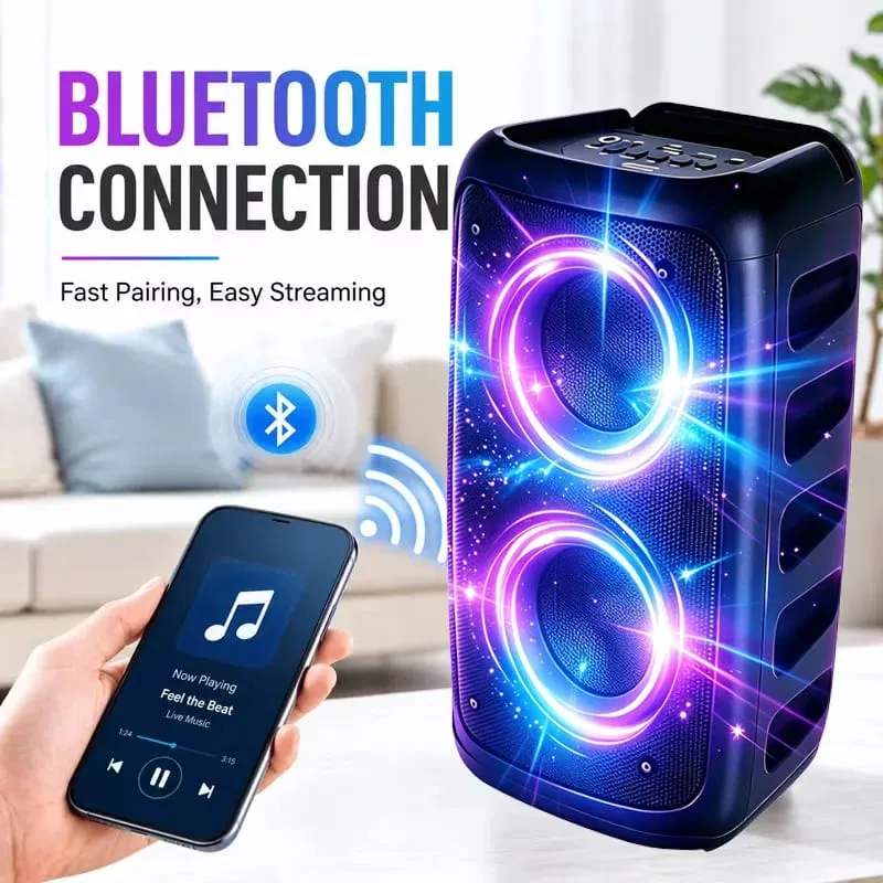 Alto-falante Bluetooth profissional grande de 9900 Hz com microfone Design portátil com subwoofer Party Box Luzes LED Compatível com BT / USB / TF / AUX / FM / TWS / MIC / EQ Funções Karaokê profissional. Presente ideal para aniversários, Natal e Ano Novo — image 4