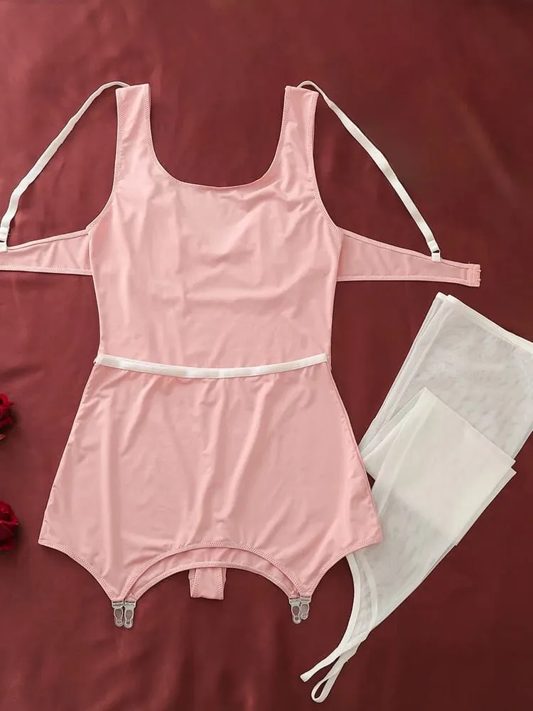 Belamimi Women 4Pcs Pink Sexy Lingerie Set Body Shaping Cami Jumpsuit Thigh High Stockings Club Mesh Sleepwear Party Costume