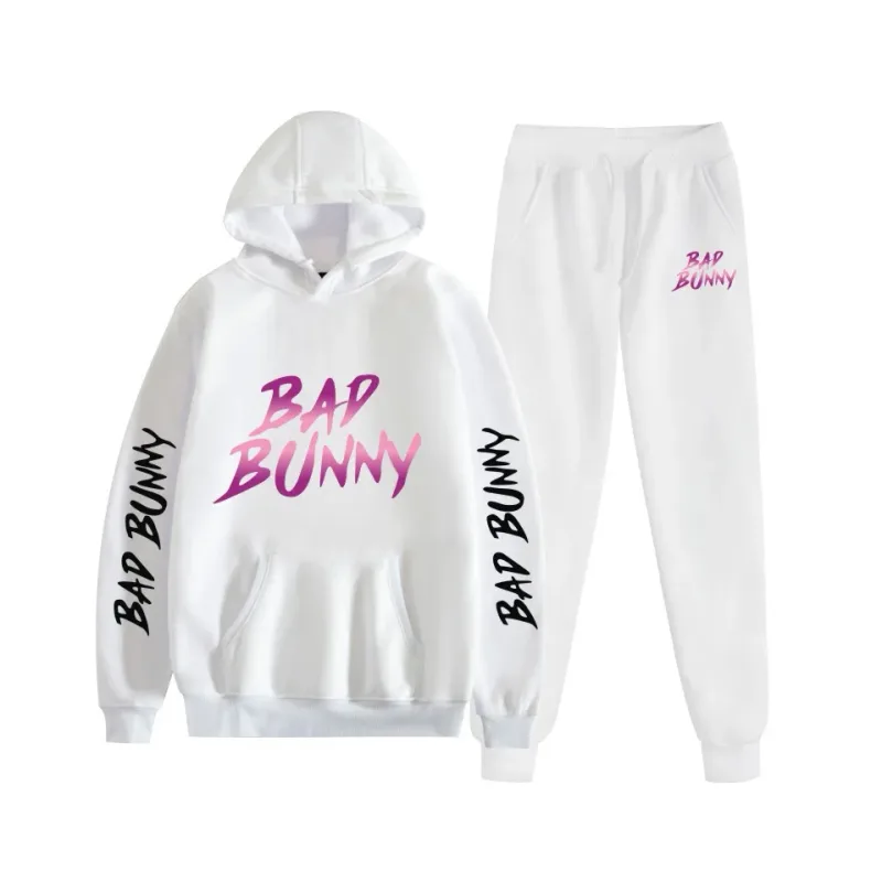 Harajuku Bekväm bad bunny Tryck Sweatshirt Träningsbyxor Kostym Dam Luvtröjor+ Byxor Kostym Pojkar/Flickor 2-delat set Kläder — image 42