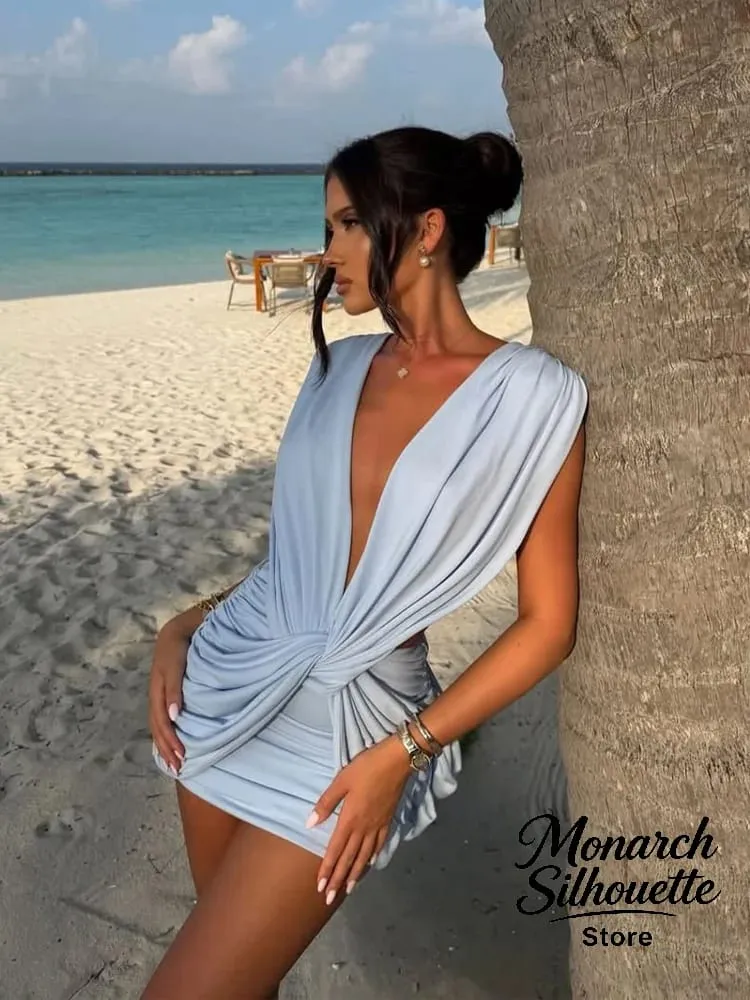Chic Sleeveless Pleated Slim Mini Dress Women Sexy Solid Backless Hollow Out Round Collar Dresses Lady Evening Party Vestidos — image 4
