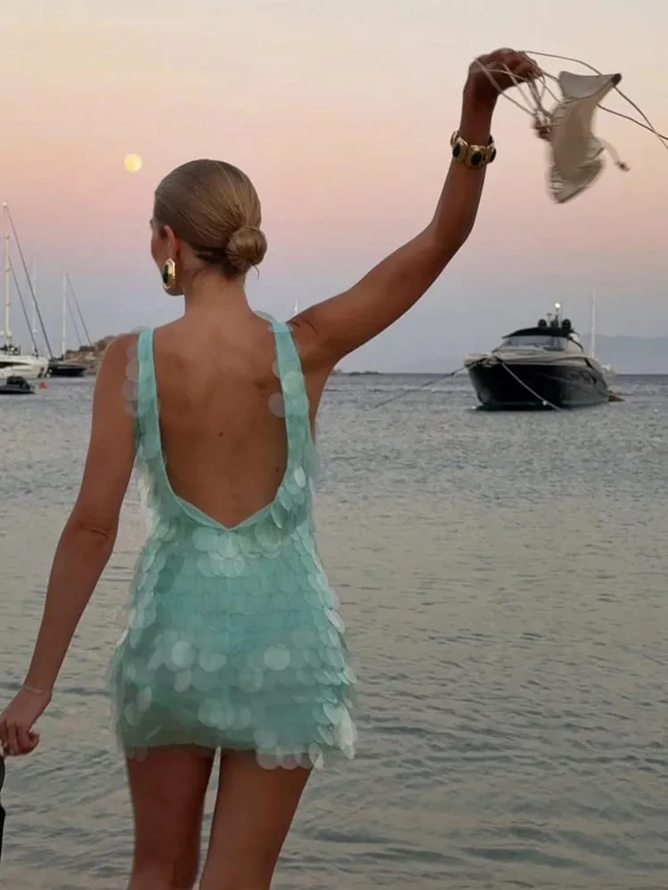 Moda lantejoulas mini vestido feminino sexy o-pescoço sem mangas sem costas cintura-cinging vestidos finos 2026 verão senhora férias robe — image 7