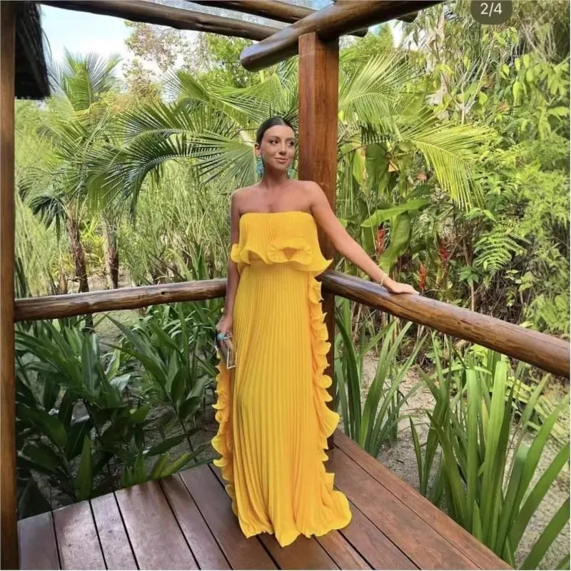 Vestido feminino da moda para férias de verão, laranja, plissado, chiffon, longo, formal, feito sob encomenda, com babados, sem alças, vestido de festa na praia — image 4