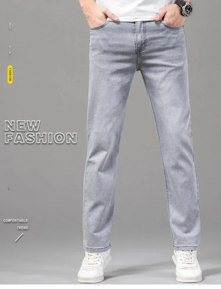 Marca de verão masculina ajuste reto leve algodão estiramento jeans negócios casual cintura alta fina luz cinza calças dos homens — image 8
