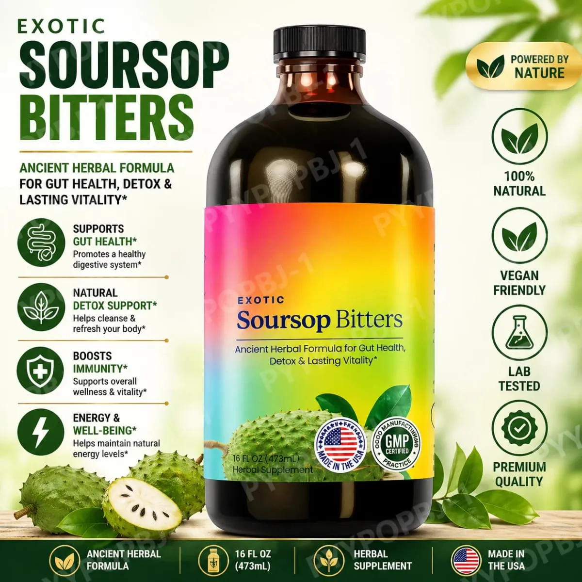 Soursop Bitters Liquid Herbal Extract Plant Based Guanabana Blend with Ginger Turmeric and Sea Moss Daily Wellness Supplement — image 2