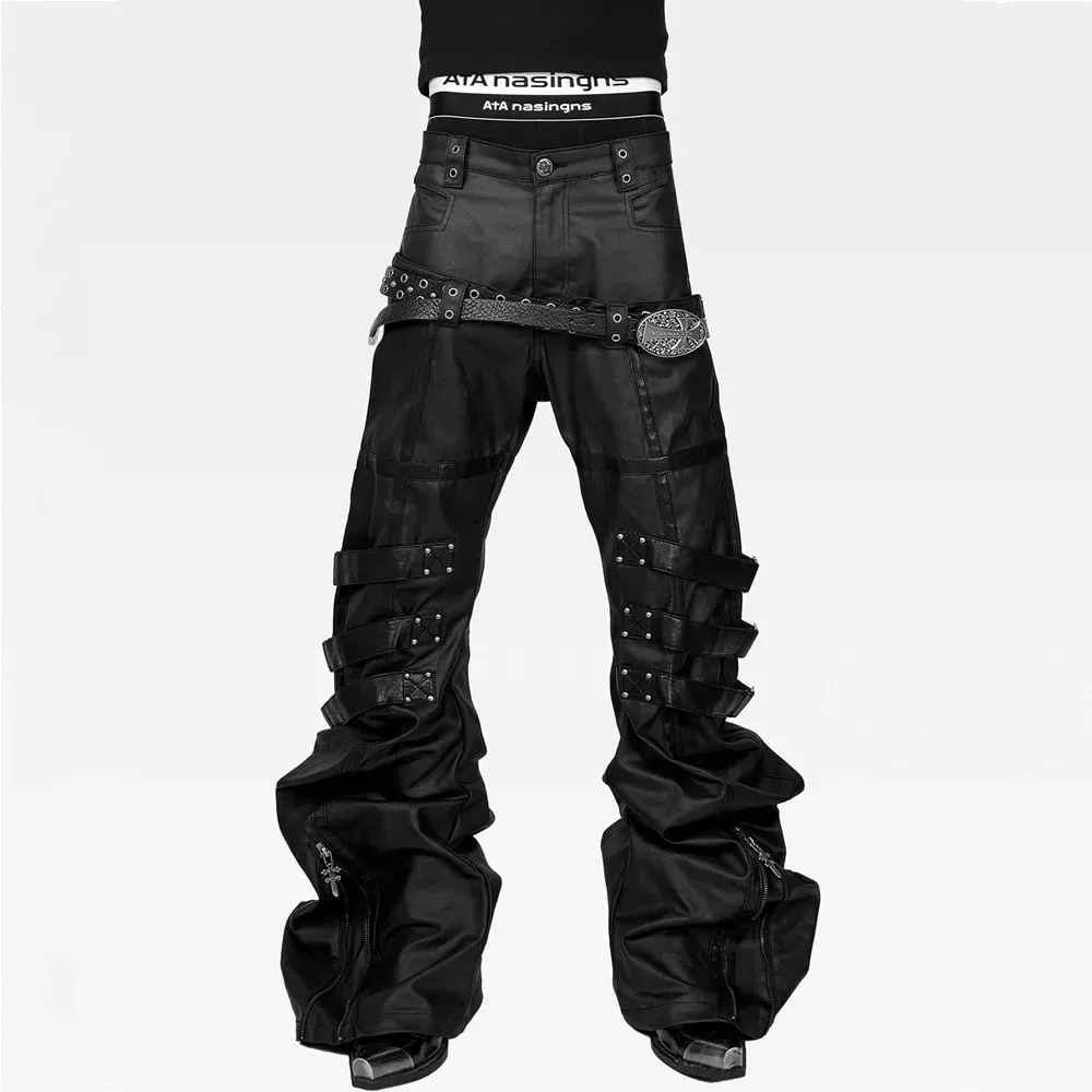 Men Women Wax Coated Skinny Stacked Jeans Double Waist Strap Buckle Patchwork Leather Gothic Punk Flared Curved Denim Pants — image 2