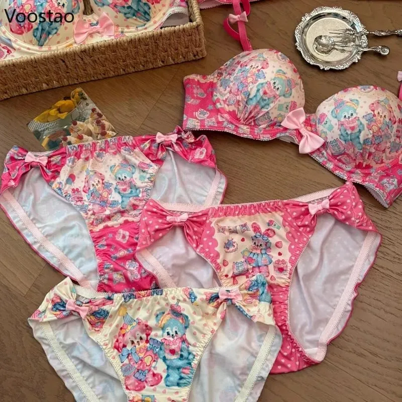 Japanese Sweet Lolita Style Women Cute Candy Rabbit Print Bra Panties Lingerie Set Girls Kawaii Underwear Panty Intimates Sets — image 1